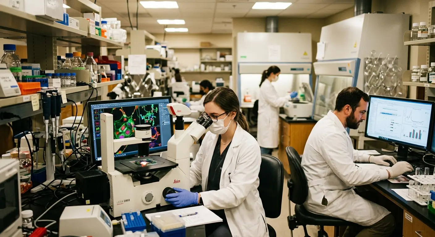 Researchers at the Mitchell Institute analyzing joint tissue samples under advanced molecular imaging equipment