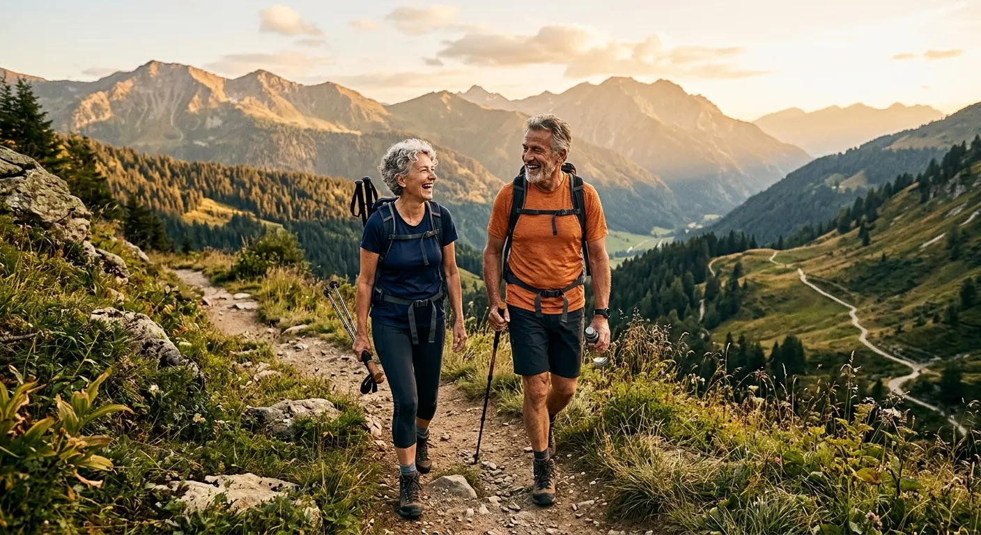 Active couple hiking on mountain trail, demonstrating improved joint mobility